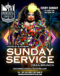 Vibrant poster of a drag performer in a multicolored sequined gown with neon‑green hair, bold makeup and pearl choker, framed by palm trees and neon lights, promoting a weekly Sunday drag brunch with two showtimes.