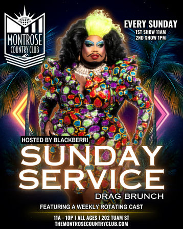 Vibrant poster of a drag performer in a multicolored sequined gown with neon‑green hair, bold makeup and pearl choker, framed by palm trees and neon lights, promoting a weekly Sunday drag brunch with two showtimes.
