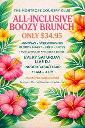 Bright tropical poster for an all-inclusive boozy brunch at a country club — $34.95 includes mimosas, screwdrivers, Bloody Marys and fresh juices, plus appetizer & entrée; every Saturday 11 AM–4 PM with live DJ, indoor courtyard seating, no membership required.