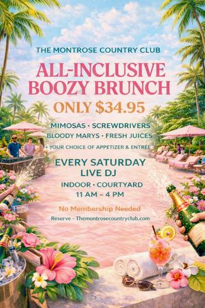 Tropical palm‑lined poolside poster for an all‑inclusive boozy brunch — only $34.95 — featuring mimosas, screwdrivers, Bloody Marys, fresh juices, choice of appetizer & entrée, live DJ every Saturday 11 AM–4 PM; festive scene with champagne bottle, cocktails, lounge chairs and floral decor.