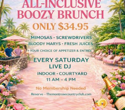 Tropical palm‑lined poolside poster for an all‑inclusive boozy brunch — only $34.95 — featuring mimosas, screwdrivers, Bloody Marys, fresh juices, choice of appetizer & entrée, live DJ every Saturday 11 AM–4 PM; festive scene with champagne bottle, cocktails, lounge chairs and floral decor.