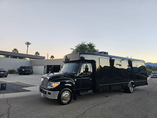 Sleek black party shuttle parked on a palm‑lined residential street at dusk with modern homes and mountains in the background