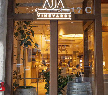 Cozy wine tasting room storefront with illuminated sign in a wooden-framed glass window, visible wooden barrel and potted plants, warm interior lighting and ornate stone lintel above the entrance.