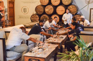 Adults enjoying a guided spirits tasting in a cozy distillery lounge with stacked oak barrels, low tables filled with tasting glasses, and comfortable sofas.