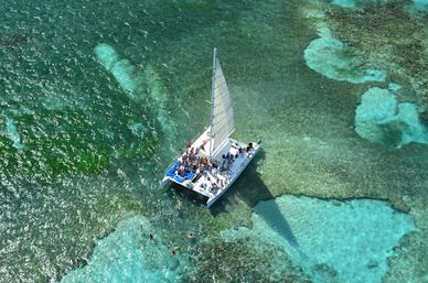 Aerial view of a white catamaran sailboat anchored over a turquoise tropical coral reef, passengers on deck and snorkelers exploring clear shallow waters on a sunny day