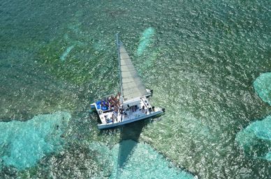 Aerial view of a white catamaran anchored over turquoise coral reef with passengers on deck and swimmers/snorkelers in the clear tropical ocean