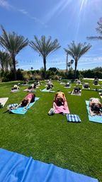 Sunny outdoor group yoga class on lush green lawn beneath tall palm trees, participants in child’s pose on colorful mats with blue sky and string lights overhead