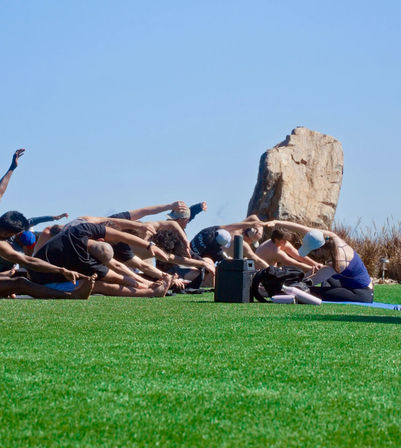 Sunny outdoor yoga class stretching in seated forward bends on a bright green lawn beside a large rock, with mats, water bottles, and a portable speaker visible.