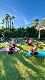 Sunlit outdoor yoga class with women seated on colorful mats and blocks on a green lawn, framed by tall palm trees and a clear blue sky — relaxed Southern California backyard vibe.