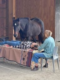 Curious horse leans over a person lying on a blanket-covered table inside a wooden barn, while another person sits nearby in a chair holding their hand.