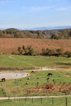 Sunny rural horse pasture with people and horses in a fenced paddock, green fields and golden meadows rolling toward distant blue mountains under a clear sky.