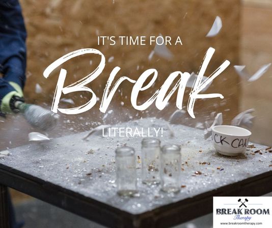 Smash-room scene: gloved person smashing glass and a cup on a table, shards flying — playful stress-relief therapy activity.