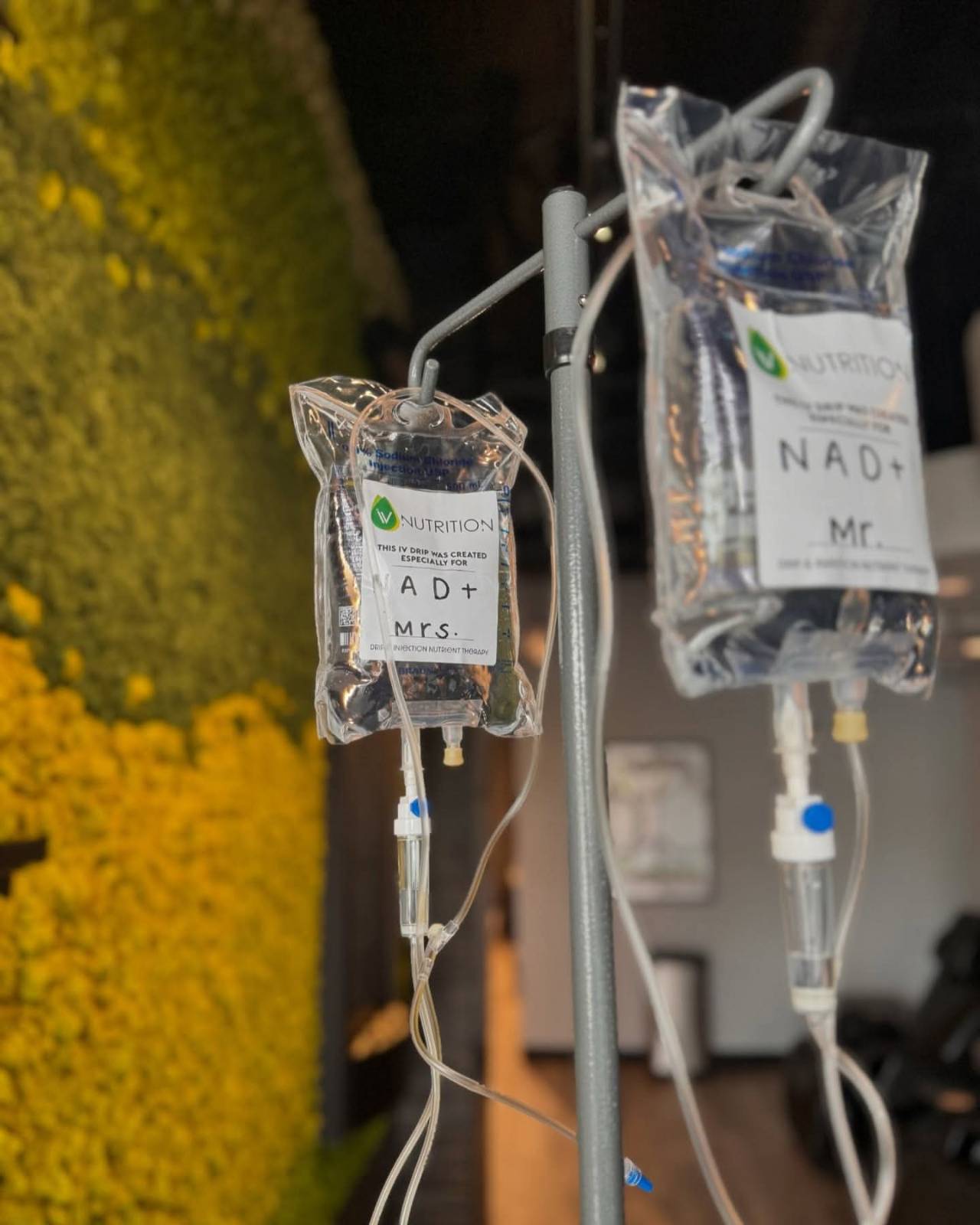 Two clear IV nutrient bags labeled NAD+ and marked as customized, hanging from a metal IV pole in a modern wellness clinic with a yellow moss wall and blurred treatment area in the background.