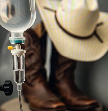 Clear IV drip chamber in the foreground with a blurred white cowboy hat and brown leather western boots in the background, merging medical equipment with country western style.