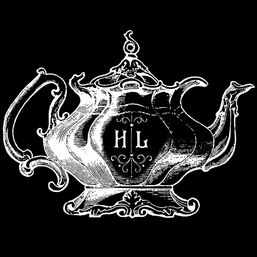 Ornate vintage teapot line-art on black background featuring a decorative "H L" monogram at the center