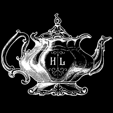 Ornate vintage teapot line-art on black background featuring a decorative "H L" monogram at the center