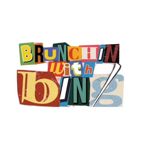 Retro collage-style logo reading 'Brunchin with Bing' in colorful cutout letters with a silver serving utensil accent.