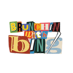 Retro collage-style logo reading 'Brunchin with Bing' in colorful cutout letters with a silver serving utensil accent.