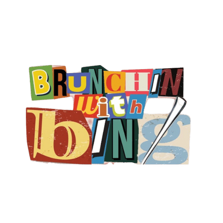 Retro collage-style logo reading 'Brunchin with Bing' in colorful cutout letters with a silver serving utensil accent.