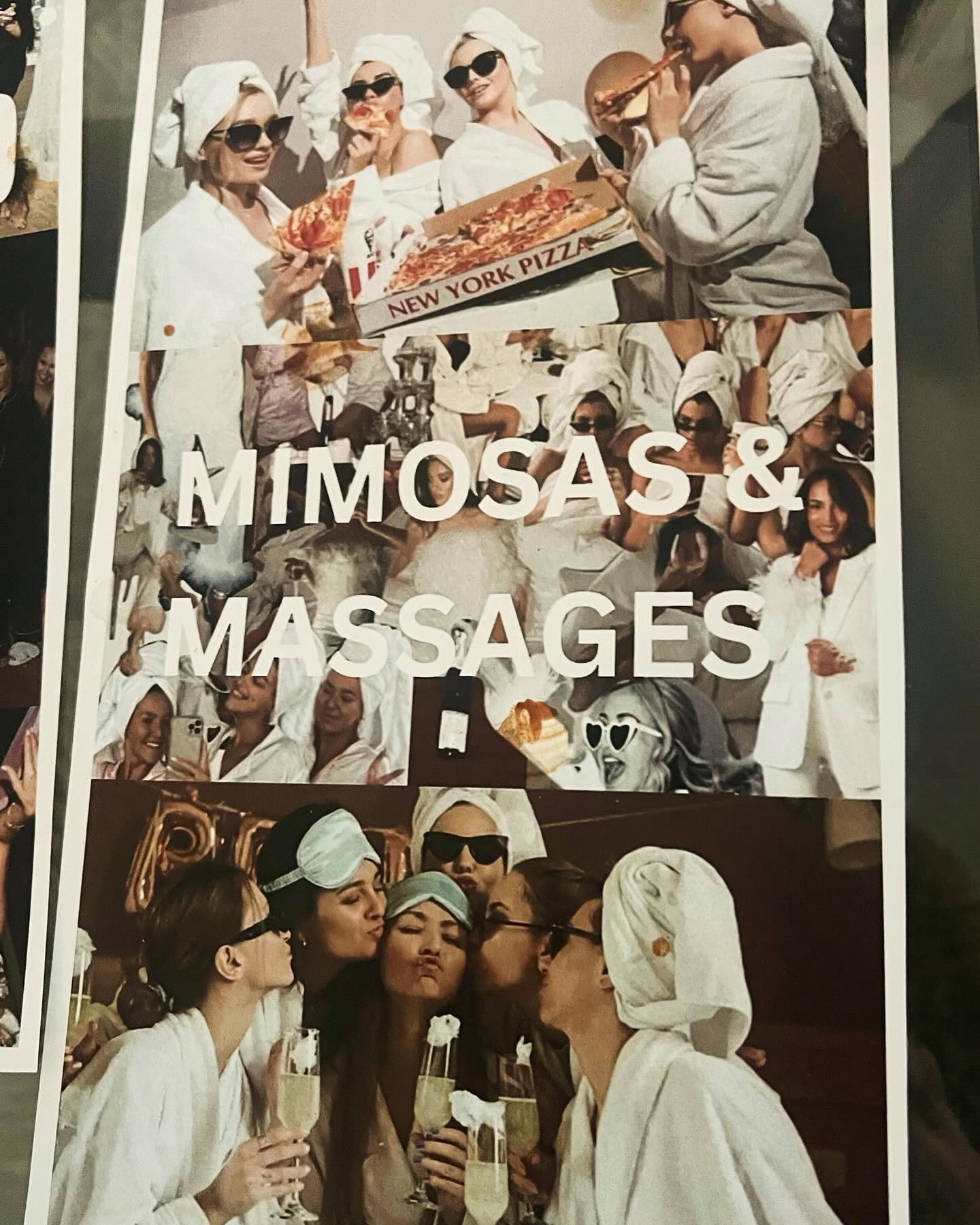 Spa-day poster collage showing friends in white robes and towel turbans enjoying pizza and mimosas with sunglasses and sleep masks, promoted as a playful mimosa-and-massage brunch.