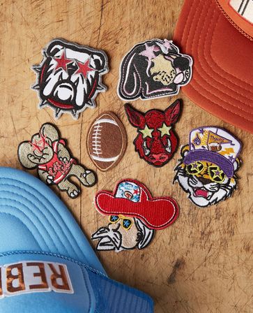 Colorful embroidered mascot and sports patches—star-eyed bulldog, sleeping hound, elephant, stitched football, red bull face, cowboy with red hat, and tiger in a purple cap—arranged on a scratched wooden table beside blue and orange trucker hats.