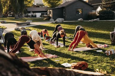Community outdoor yoga class doing downward dog on mats in a sunny park at golden hour, green lawn and small building in the background