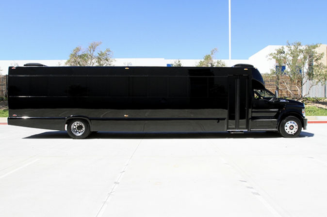 Sleek black party bus parked in a sunlit, empty commercial parking lot with low buildings, trees, and a clear blue sky