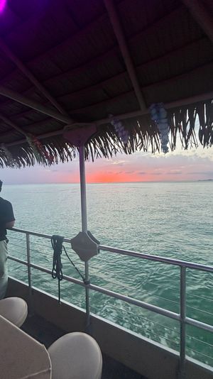 Silhouetted person leaning on the railing of a thatched-roof boat, watching a pink-orange tropical sunset over calm turquoise ocean