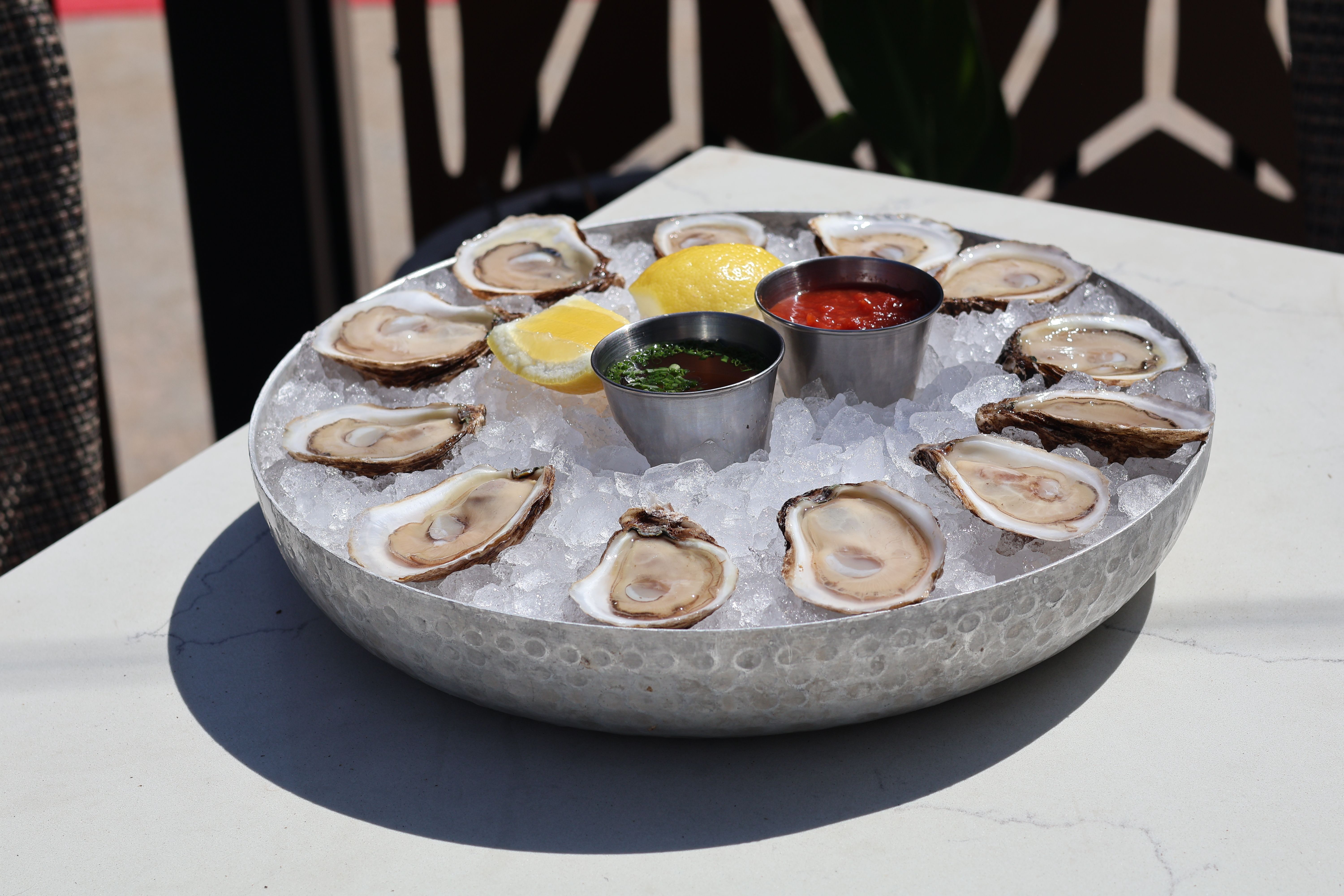 Fresh oysters on the half shell arranged on crushed ice with lemon wedges and metal cups of cocktail sauce and mignonette on a sunlit patio table