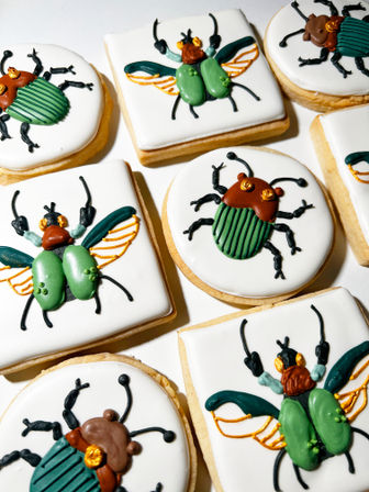 Close-up of assorted hand-decorated sugar cookies featuring green-and-gold beetle and winged insect icing designs on white fondant backgrounds