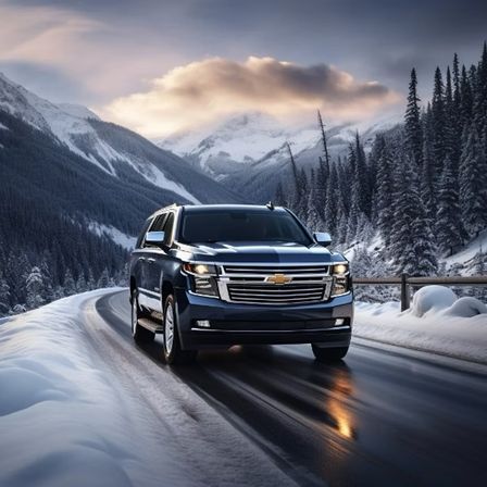 Sleek dark SUV gliding along an icy mountain pass with wet road reflections, snow-covered evergreens and dramatic alpine peaks under a moody sunset sky.