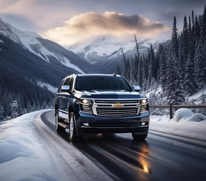 Sleek dark SUV gliding along an icy mountain pass with wet road reflections, snow-covered evergreens and dramatic alpine peaks under a moody sunset sky.