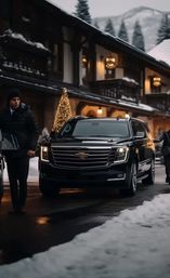 Black luxury SUV parked outside a snow-covered alpine lodge at dusk, warm holiday lights and a decorated Christmas tree, valets and guests in winter coats