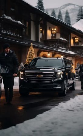Black luxury SUV parked outside a snow-covered alpine lodge at dusk, warm holiday lights and a decorated Christmas tree, valets and guests in winter coats