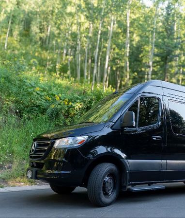 Black Mercedes-Benz cargo van parked on a quiet forest road with leafy green woods and birch trees in the background