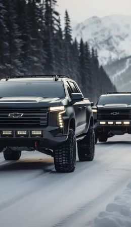 Two matte-black off-road pickup trucks with oversized snow tires and LED light bars driving on a snowy mountain road through evergreen forest, misty alpine peaks in the background