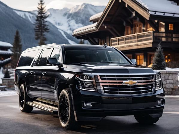 Black Chevrolet Suburban SUV parked outside a wooden alpine lodge at a snowy mountain resort, with snow‑capped peaks and evergreen trees in the background.