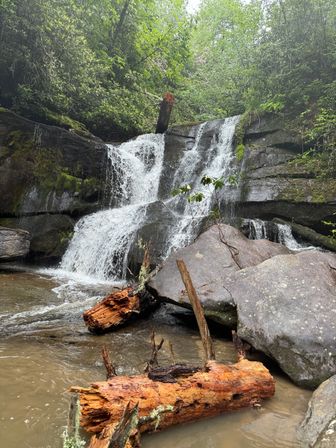 Tiered waterfall cascading over moss-covered boulders into a shallow pool with orange fallen logs in a lush green forest
