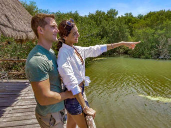 Smiling couple on a wooden dock at a tropical mangrove lagoon, woman pointing across green water toward the tree-lined shore under a bright blue sky — relaxed vacation scene.