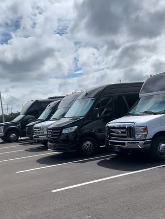 Fleet of black and silver passenger shuttle vans lined up in a commercial parking lot under a dramatic cloudy sky