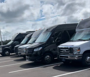 Row of black and silver passenger shuttle vans and sprinter-style minibuses lined up in a parking lot under a cloudy sky.