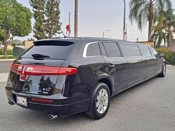 Black stretched Lincoln MKT limousine parked on a palm-lined suburban street, rear three-quarter view under an overcast sky