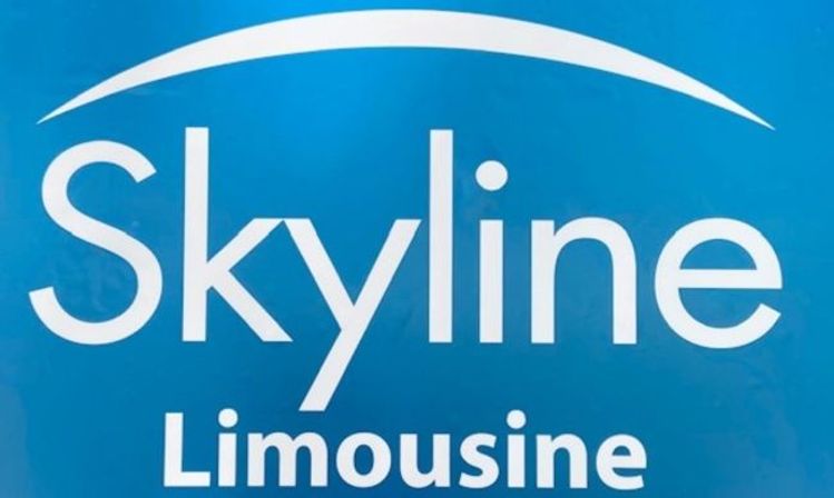 Bright blue sign with a sleek white arch and bold white lettering advertising a limousine service