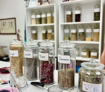 Herbal apothecary counter with labeled glass jars of dried herbs—Ginger, Lavender, Rose, Damiana and Tulsi—white shelving of more jars in the background and mixing tools, strainers and small beakers on the worktable.