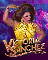 Energetic drag performer in a yellow feathered costume and big brown wig, belting onstage in a neon nightclub poster with a glittery headline and lively crowd