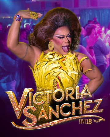 Energetic drag performer in a yellow feathered costume and big brown wig, belting onstage in a neon nightclub poster with a glittery headline and lively crowd