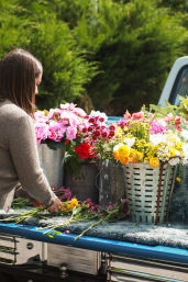 Person arranging vibrant spring bouquets from metal buckets on a blue pickup truck bed at an outdoor market