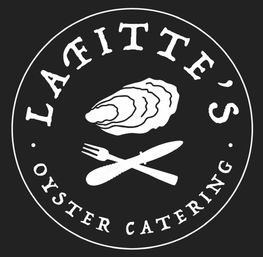 Vintage circular black-and-white seafood catering logo showing an oyster shell above crossed fork and knife with retro lettering around the border