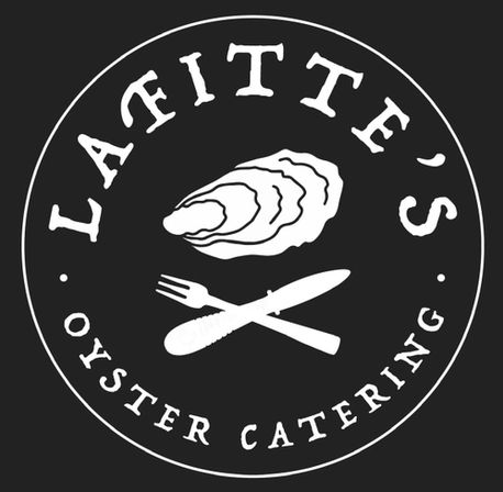 Vintage circular black-and-white seafood catering logo showing an oyster shell above crossed fork and knife with retro lettering around the border