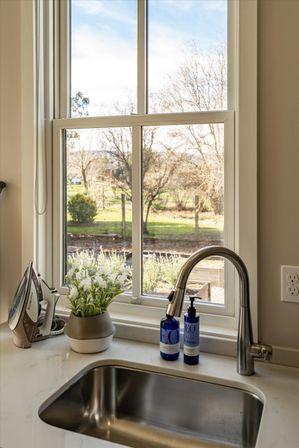 Modern stainless kitchen sink and curved faucet on a white countertop under a window overlooking a sunny backyard with trees; windowsill holds blue soap and lotion bottles, a small white potted plant, and a tabletop iron.